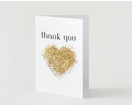 Thank You - Gold Glitter Heart Greeting Card! 5" x 7" Card for Friends, Family, or Co-Workers.