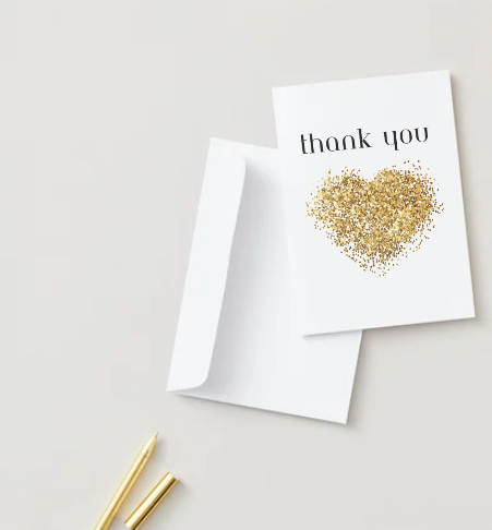 Thank You - Gold Glitter Heart Greeting Card! 5" x 7" Card for Friends, Family, or Co-Workers.