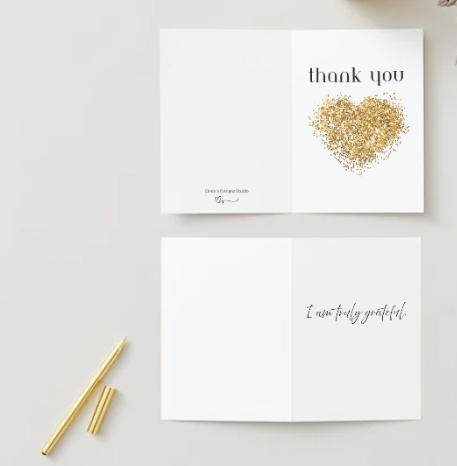 Thank You - Gold Glitter Heart Greeting Card! 5" x 7" Card for Friends, Family, or Co-Workers.