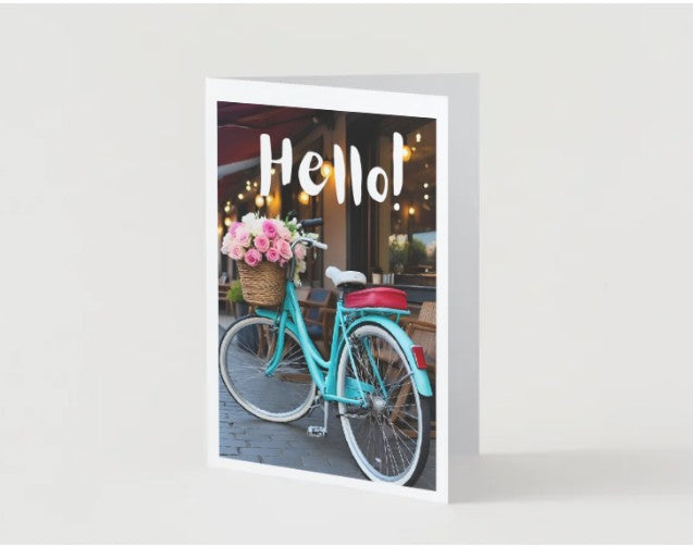 New! Hello Greeting Card - Vintage Bicycle! Encouragement 5 x 7 card for family or friends!