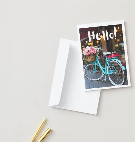 New! Hello Greeting Card - Vintage Bicycle! Encouragement 5 x 7 card for family or friends!
