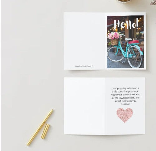New! Hello Greeting Card - Vintage Bicycle! Encouragement 5 x 7 card for family or friends!